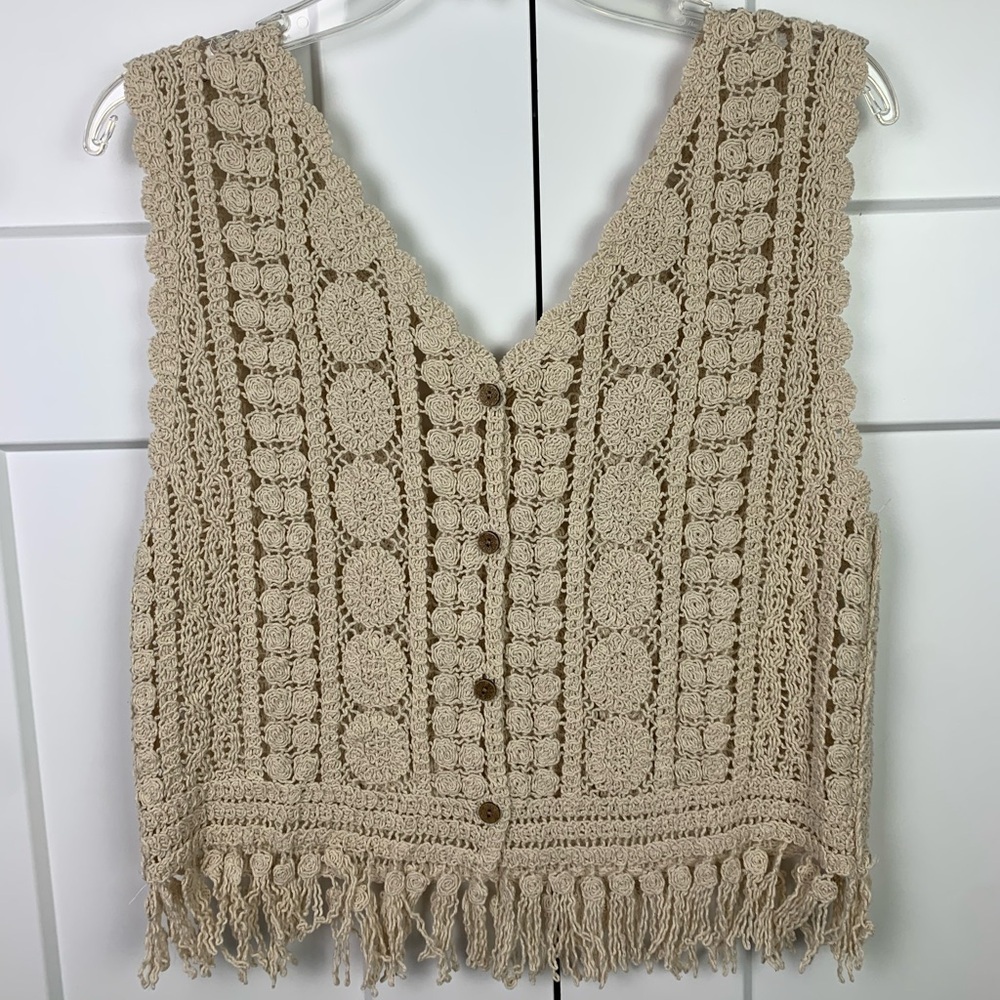 Crochet Open Knit Tank Top MEDIUM Fringe Cottage Boho Hippie Festival Earthy